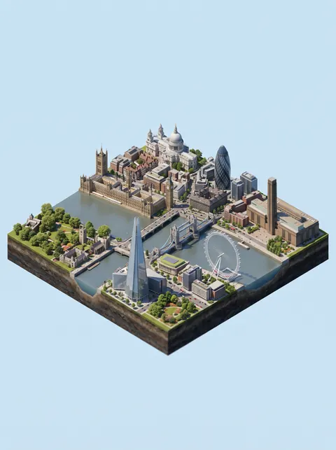 London diorama under a clear blue sky.