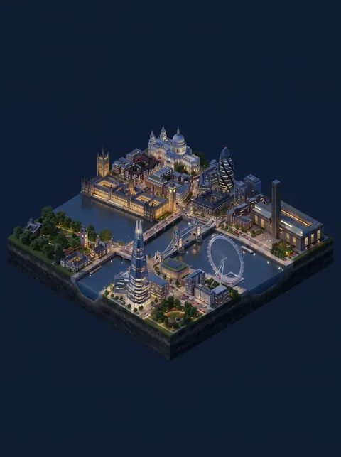 London diorama on a clear night with warm lights in its windows.