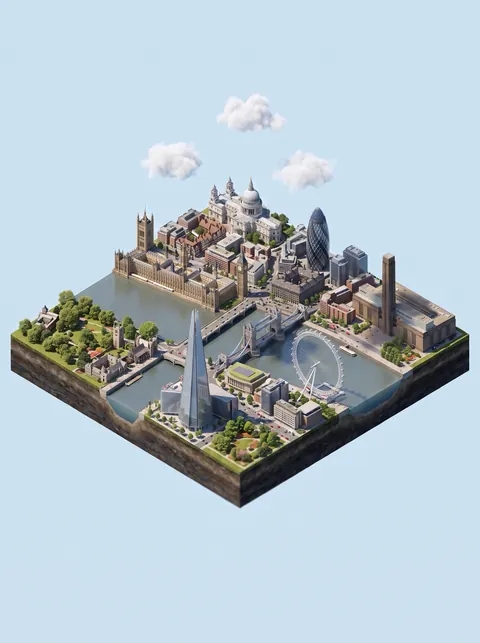 London diorama with three small white clouds above it.