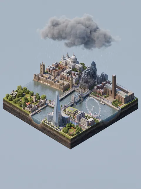 London diorama under a rain cloud on a grey day.
