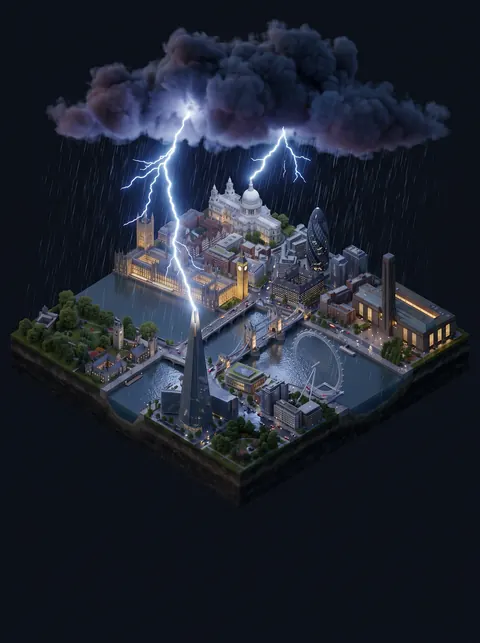 London diorama at night under a storm cloud with forked lightning.
