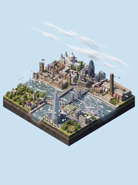 London diorama with wind streaks blowing across it and choppy water.