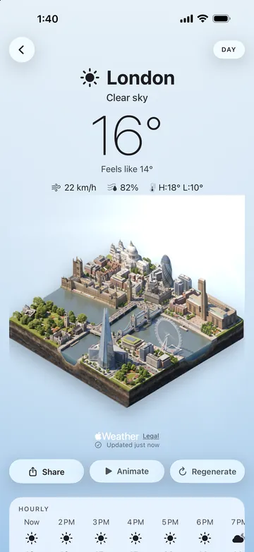 The Tiny Skies city screen for London on a clear day: 16 degrees, the diorama in the middle, Share, Animate and Regenerate buttons and an hourly forecast.
