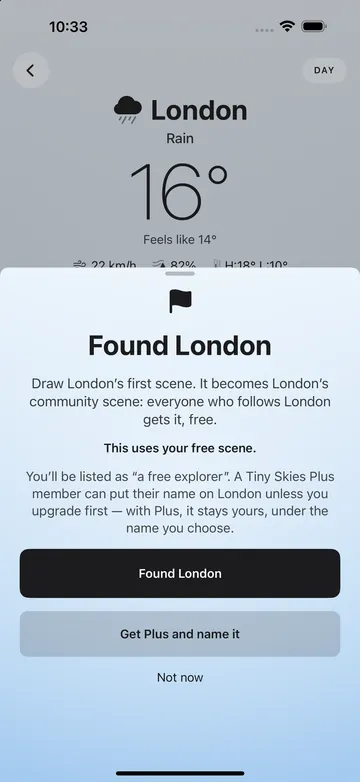 The Found London sheet: draw London's first scene and it becomes London's community scene for everyone who follows it, with a Found London button.