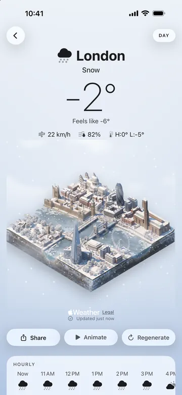 The London city screen in snow at minus 2 degrees, with snow on the diorama's roofs.